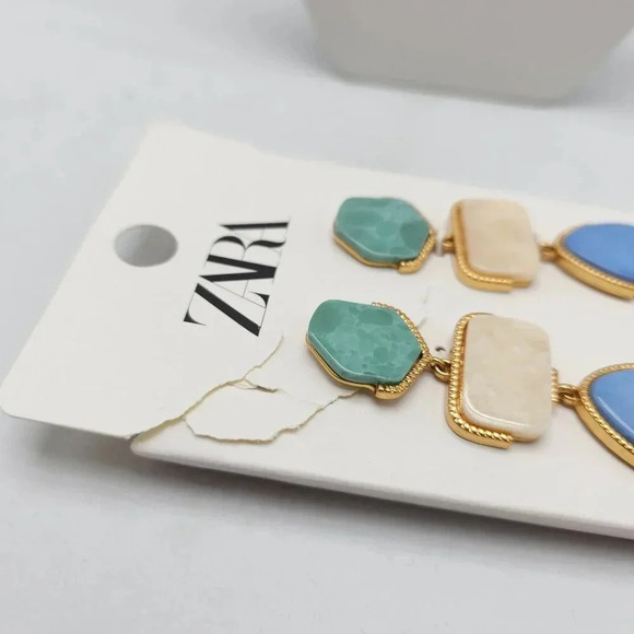 Zara Geometric Drop Earrings With Faux Green Cream and Blue Stones - Picture 2 of 5